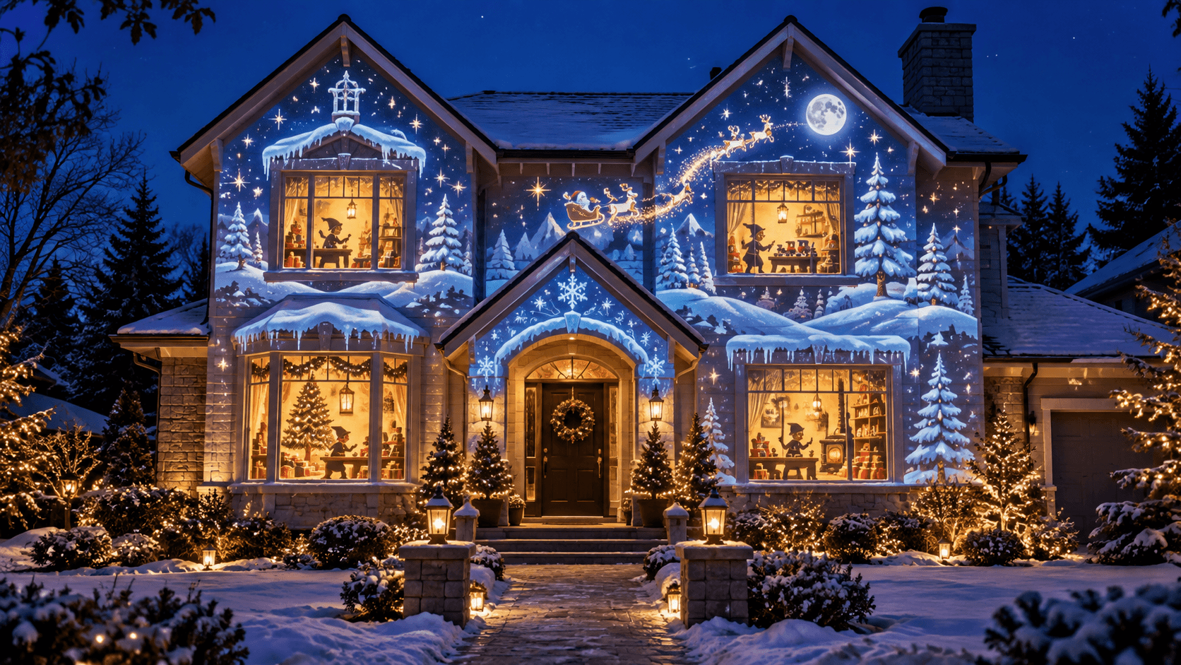 Winter projection artwork mapped across a home's facade and windows